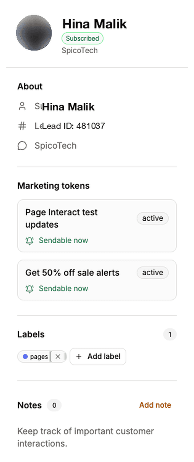 Lead details panel showing the lead's marketing tokens, labels and private notes.