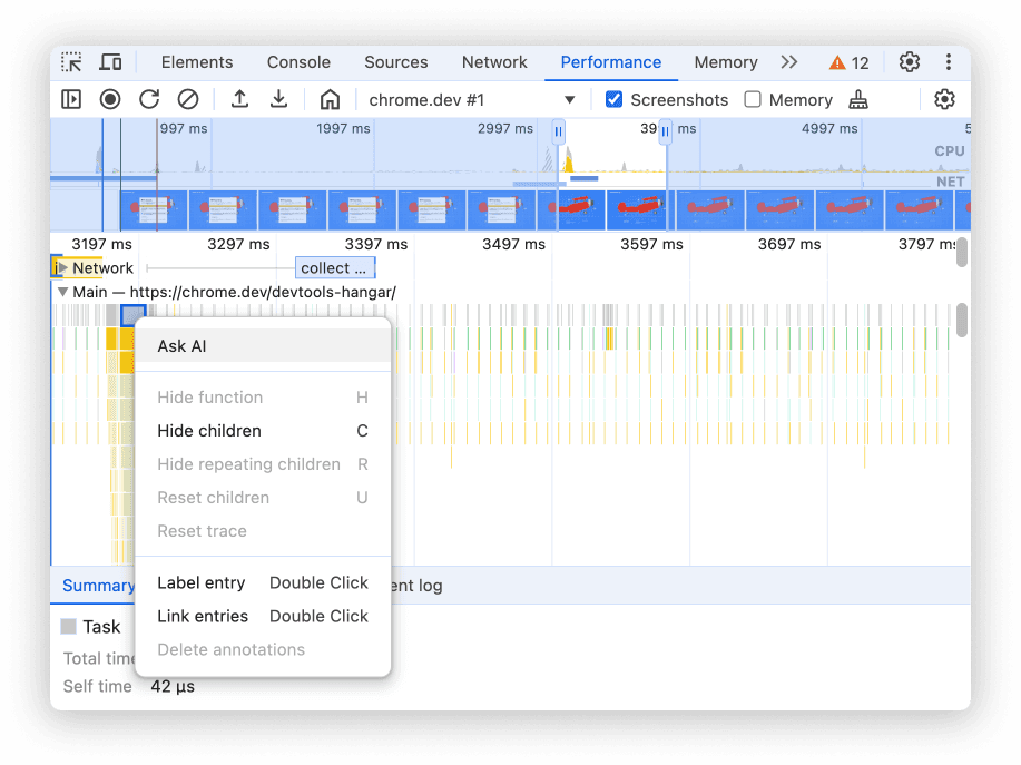 Chrome DevTools Performance panel showing a detailed network trace. The trace includes time markers at 3197ms, 3297ms, 3397ms, and so on, with visual representations of network requests and associated performance data. The menu is open with options like 'Hide function,' 'Hide children,' 'Reset children,' and 'Label entry.' The toolbar at the top displays the current page URL 'chrome.dev' and network usage stats.