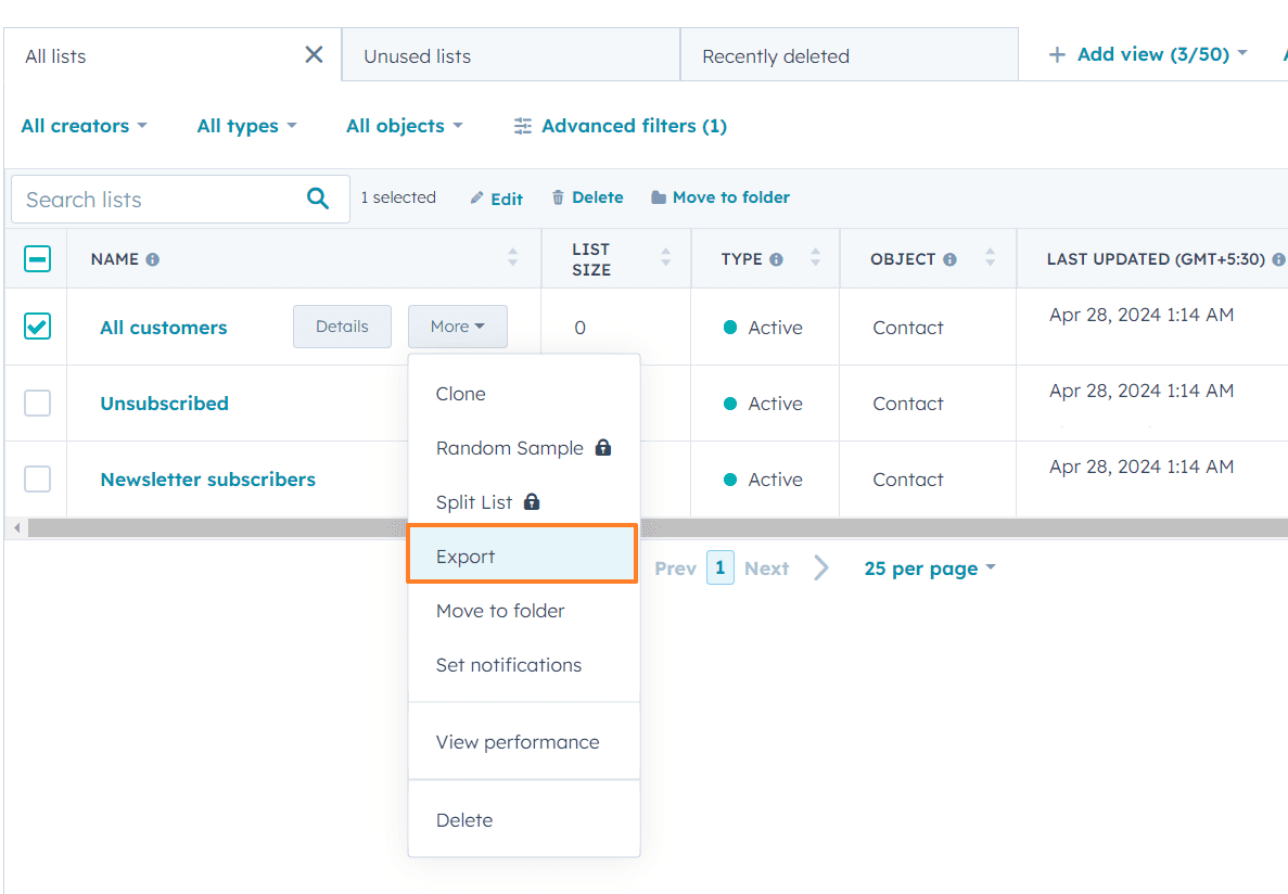 Click on the “Export” option from the drop-down