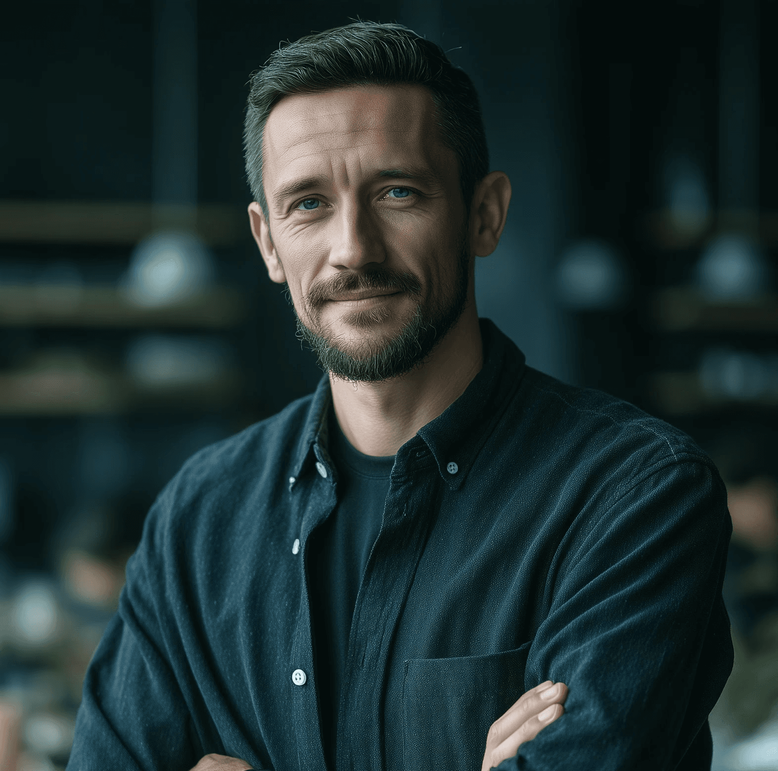 A bearded man in a dark shirt smiles confidently, standing indoors with a blurred background. The setting conveys warmth and calm professionalism.