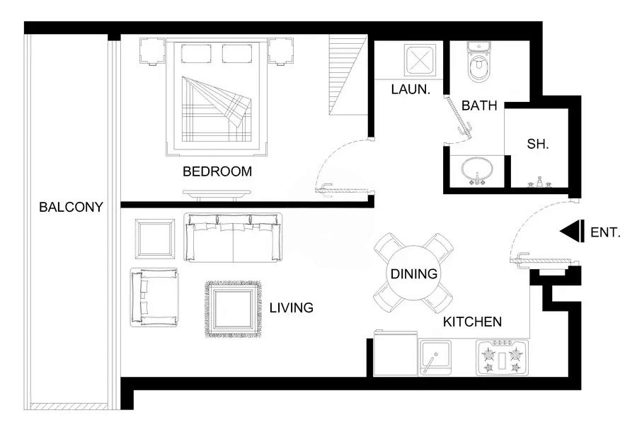 1-Bedroom floor plan for Aykon City. Request specific unit information from our real estate experts.