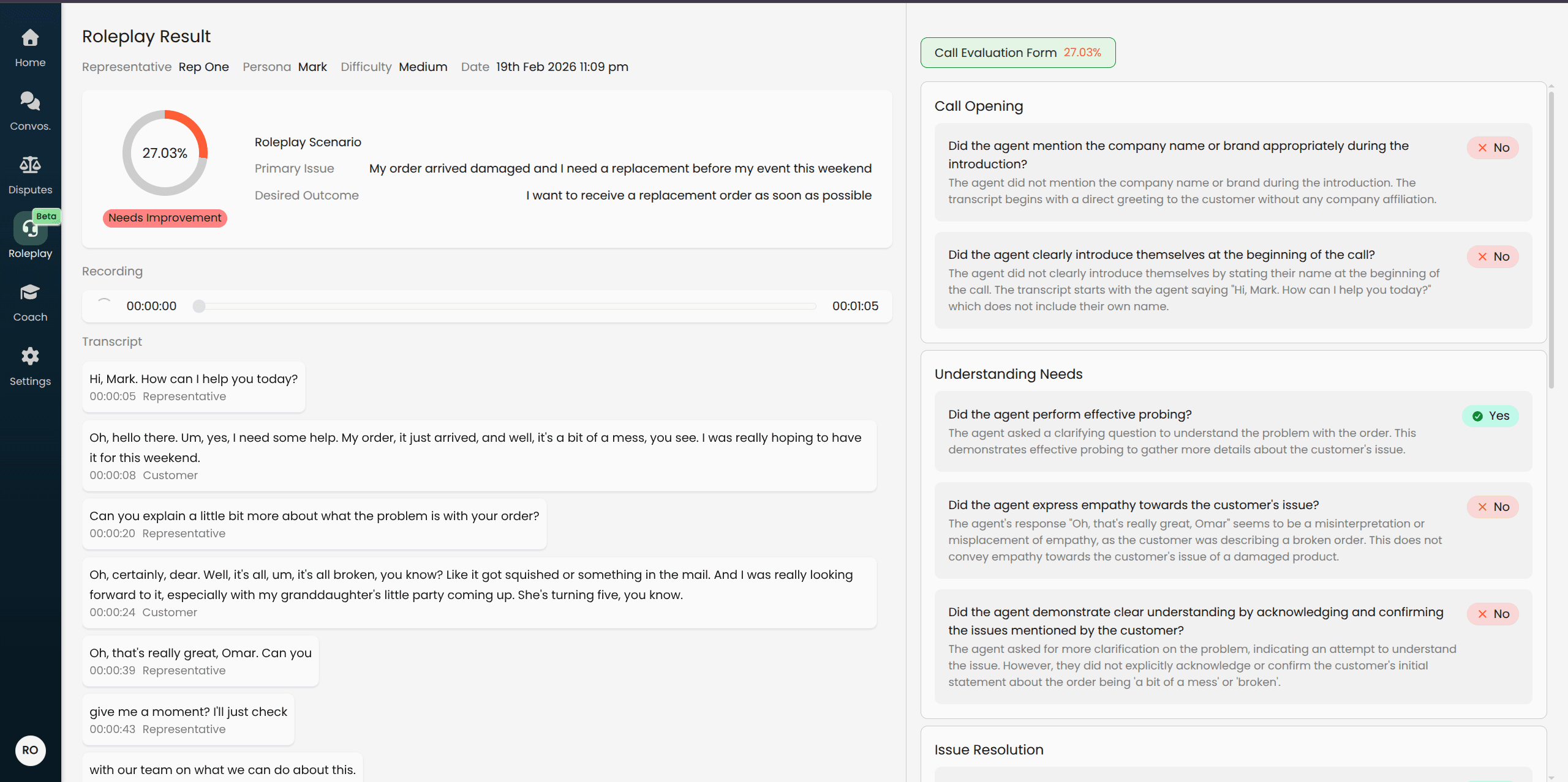  Screenshot of the results page showing the overall playbook score, the scenario and persona details, and the conversation details section.