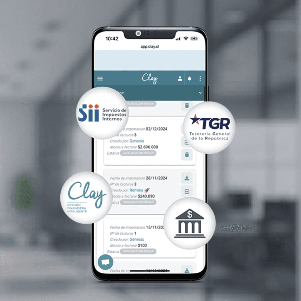 Plataforma de automatización contable Clay integrando conciliación bancaria, impuestos del SII y Tesorería General de la República en un solo sistema.