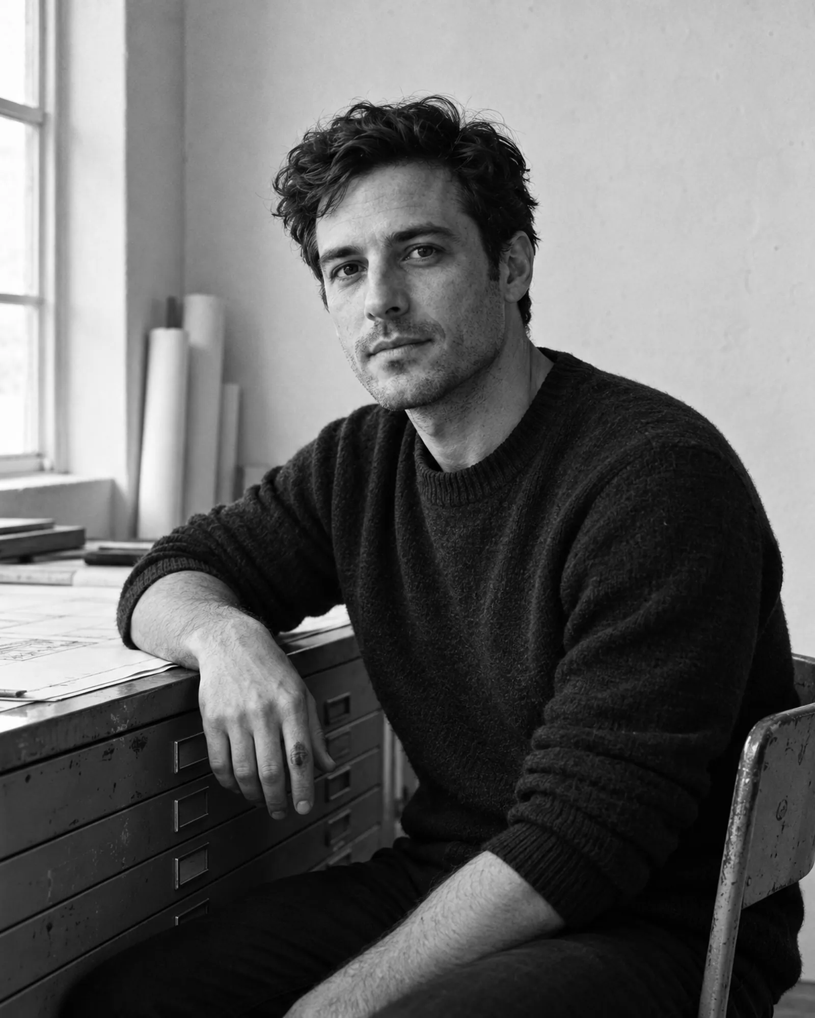 Black-and-white portrait of Sem Valk, a designer in their mid-thirties with short dark hair and a dark sweater, seated in the studio and looking at the camera.
