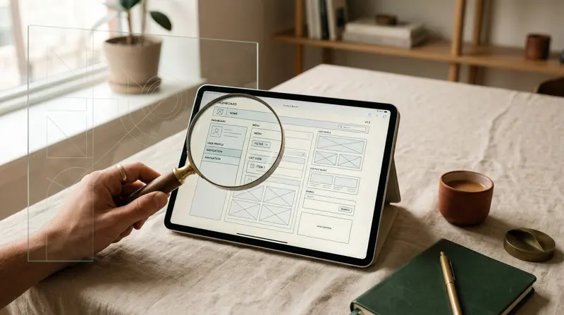 Lupa sobre wireframes y arquitectura digital organizada en una pantalla, simbolizando análisis y optimización técnica.