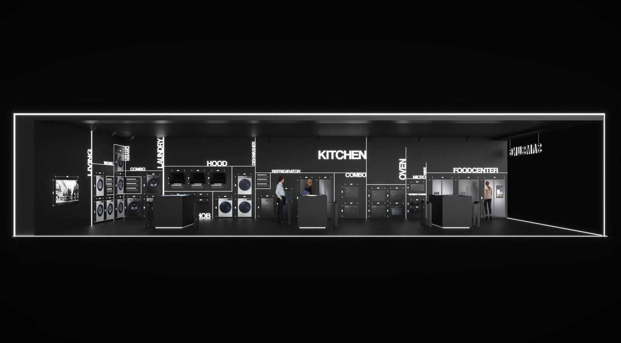 Side view Booth SAMSUNG deign concept exbition retail and musal black and white lighting design 
