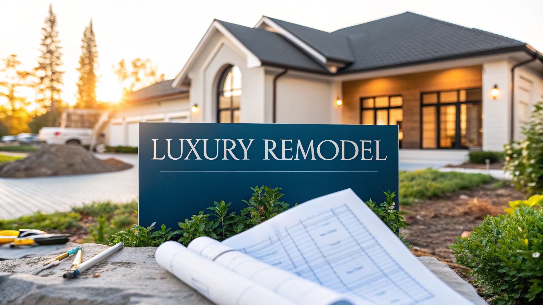 home floor plans in the foreground with a blue sign reading 'luxury remodel' and a large home in the background