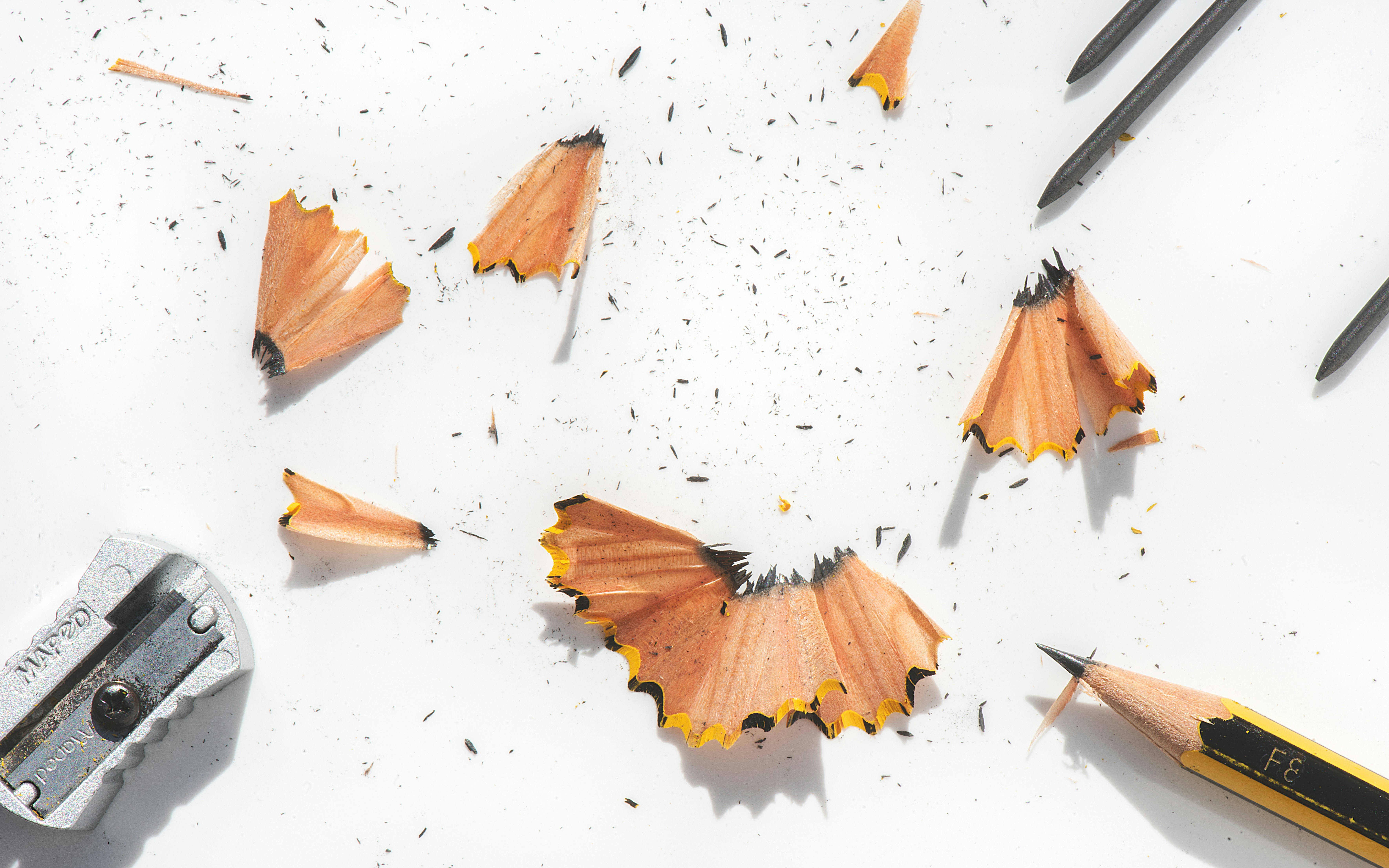 pencil shavings and a sharpener on a white background