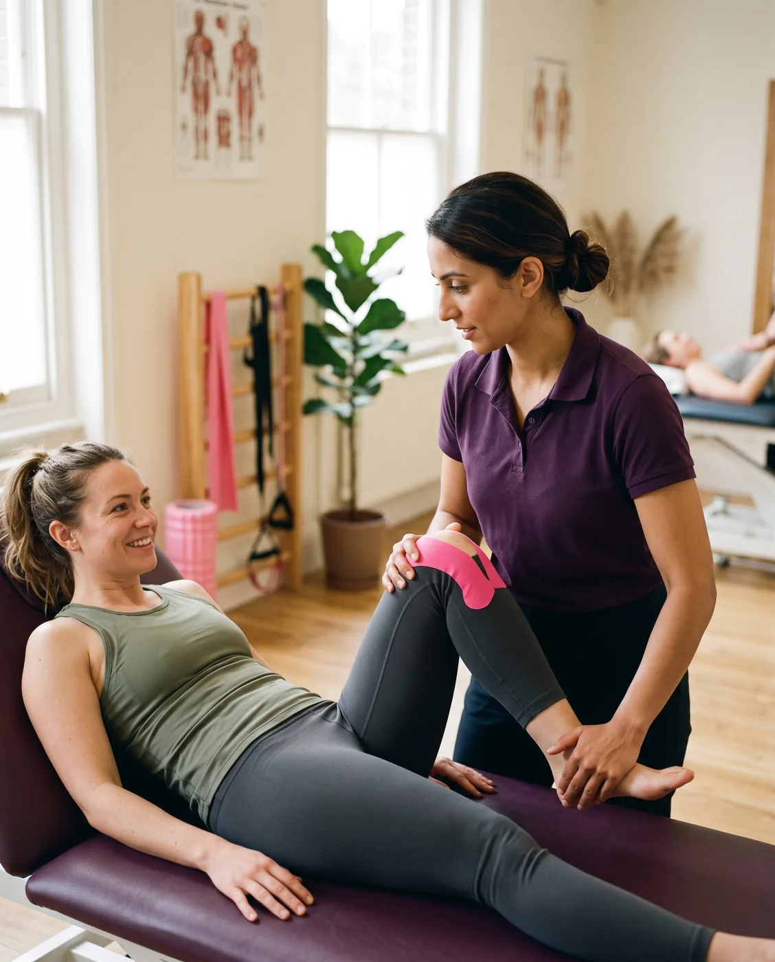 A physiotherapist testing a smiling patient's knee range on a treatment couch