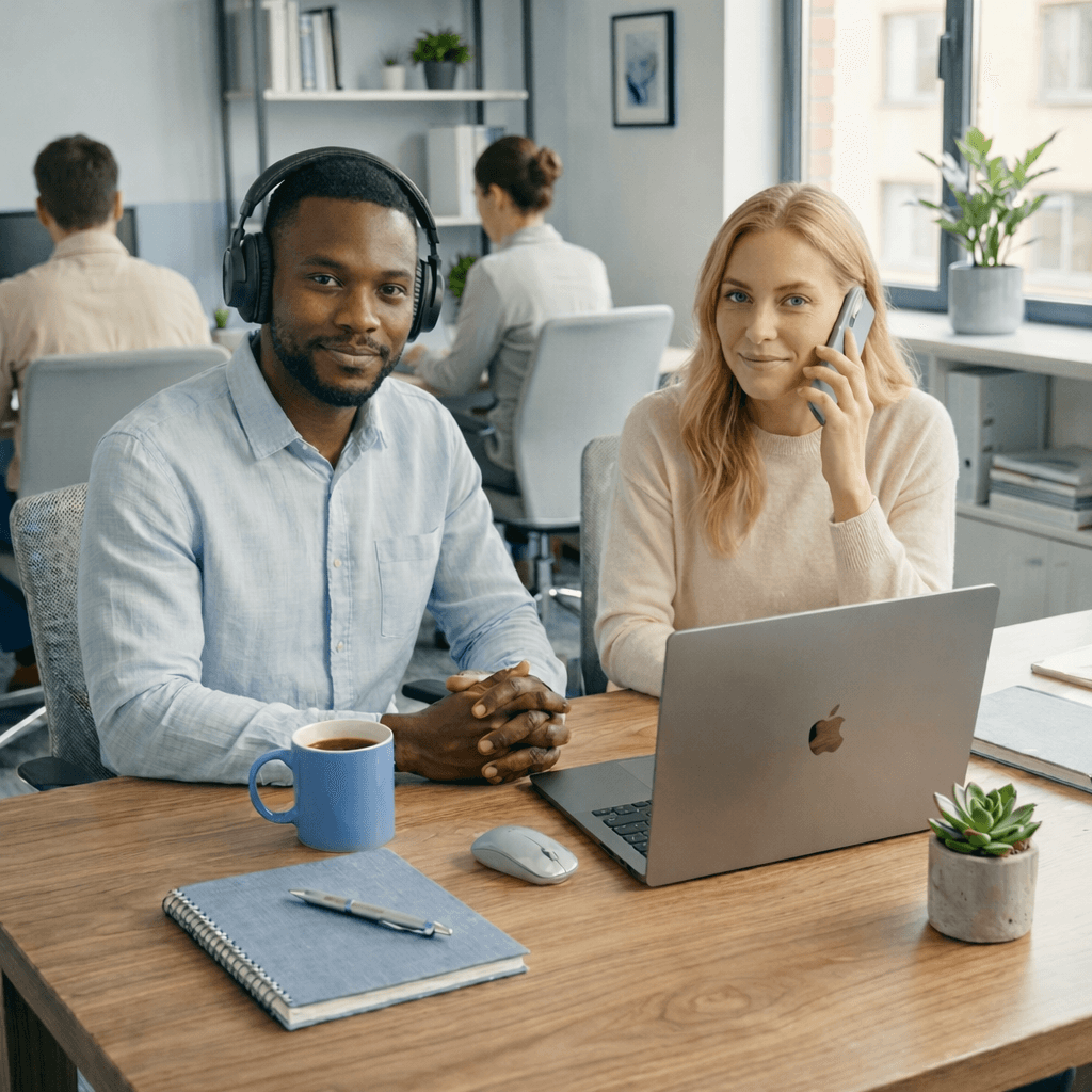Two professionals in a modern small business office using a laptop and phone, showcasing affordable business communications and AI solutions for customer engagement.