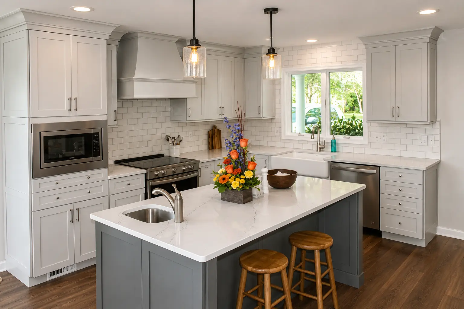 Modern white kitchen with a large center island, wood bar stools, stainless steel appliances, and pendant lighting.