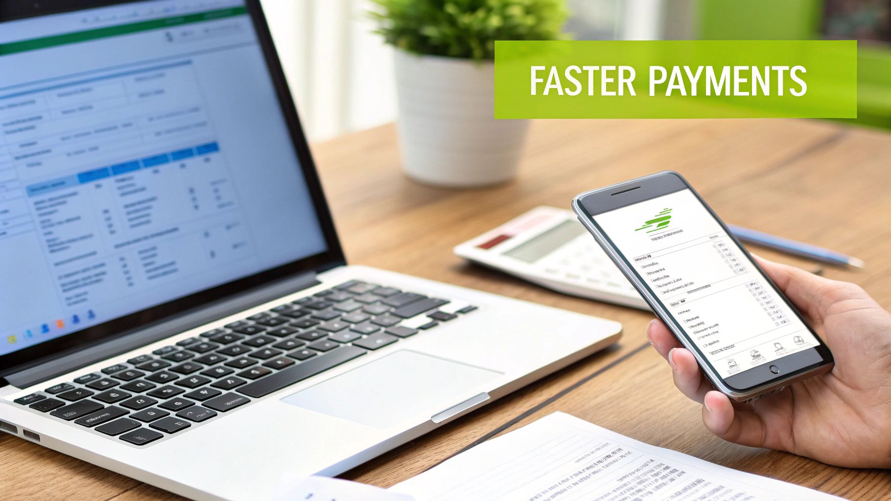 Person using a smartphone and laptop for faster digital payments and financial management on a desk.
