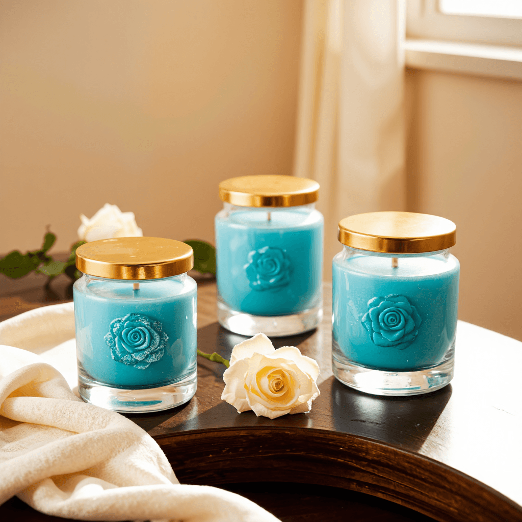 product photography of set of decorative candles in glass jars