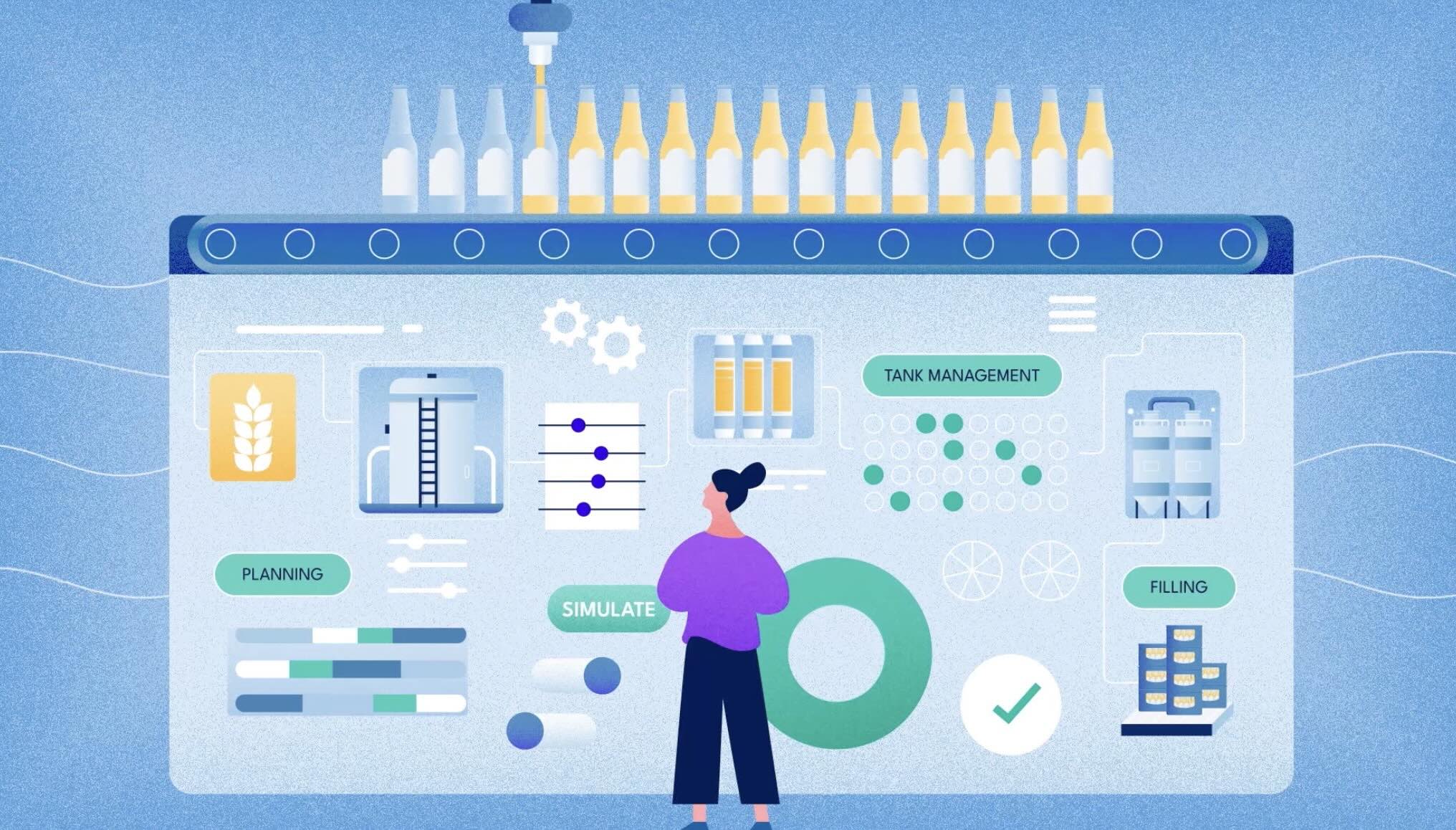 Motion design illustrating manufacturing processes and operational planning.