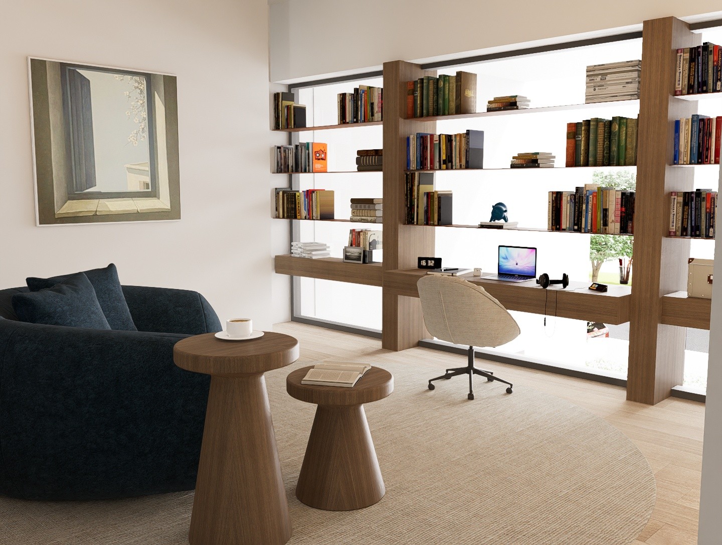 Modern home office in Nicosia featuring custom-authored timber shelving and a cantilevered desk integrated into an expansive panoramic window for optimal natural lighting by topos design studio