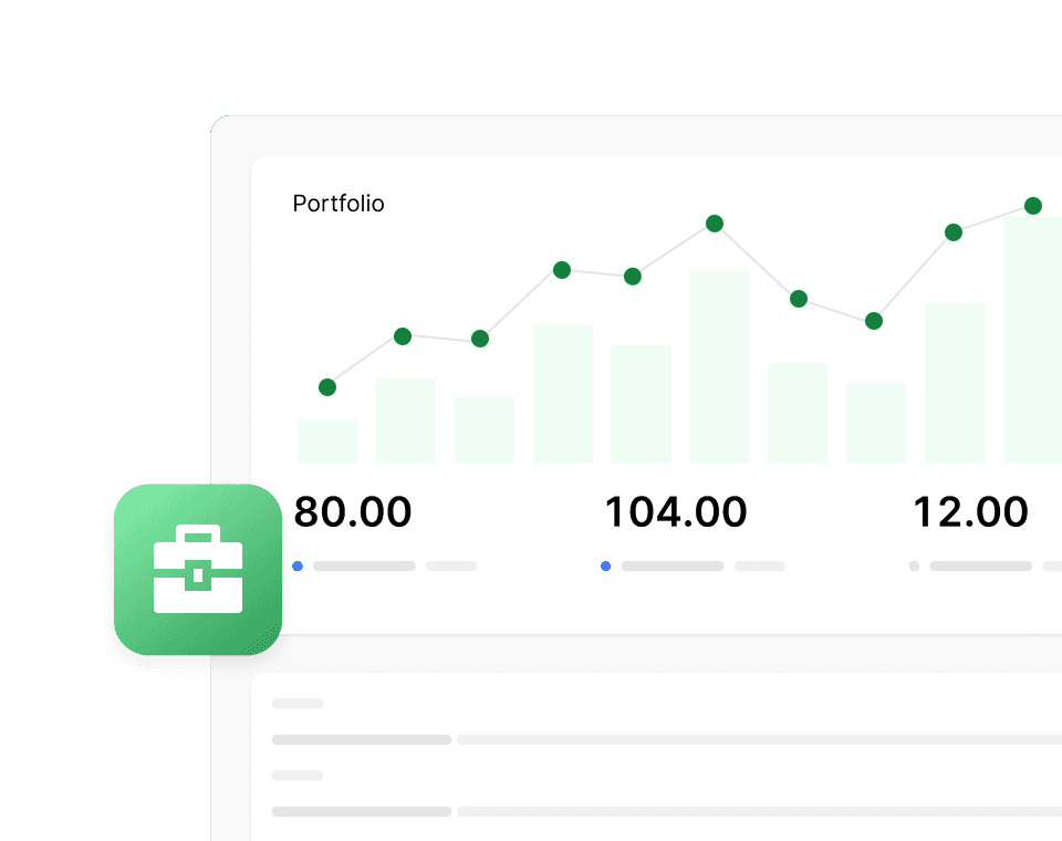 Portfolio results dashboard with a line graph and three numeric values beneath a briefcase icon.