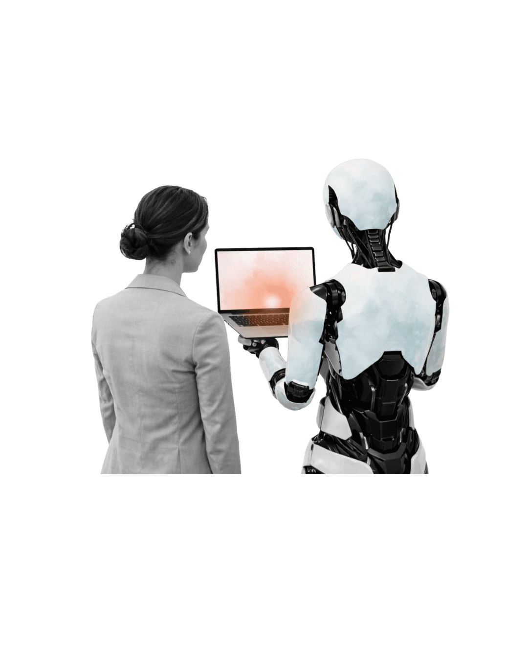 robot e donna che guardano un grafico