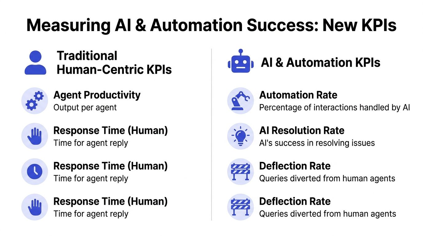 A comparison chart showing traditional human-centric key performance indicators alongside modern AI and automation metrics for businesses.