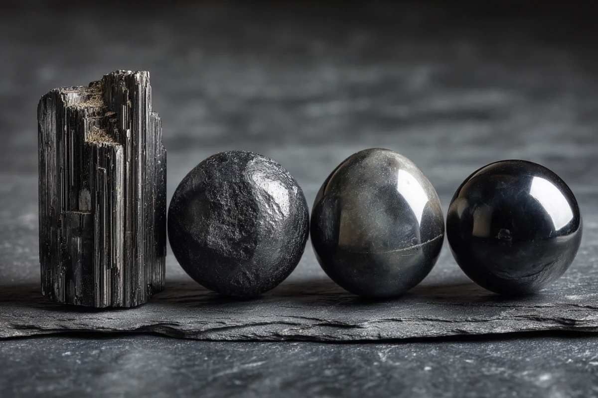 Four black stones arranged side by side — raw black tourmaline, polished obsidian, hematite, and black onyx — on a dark surface.