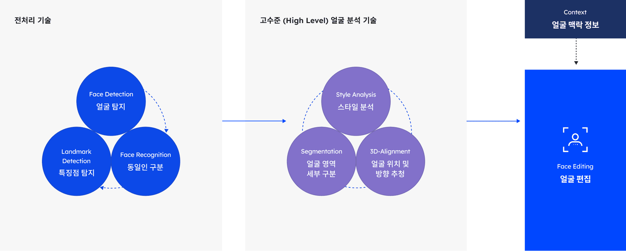 Diagram of face recognition technology, featuring face detection, landmark detection, segmentation, and face editing.