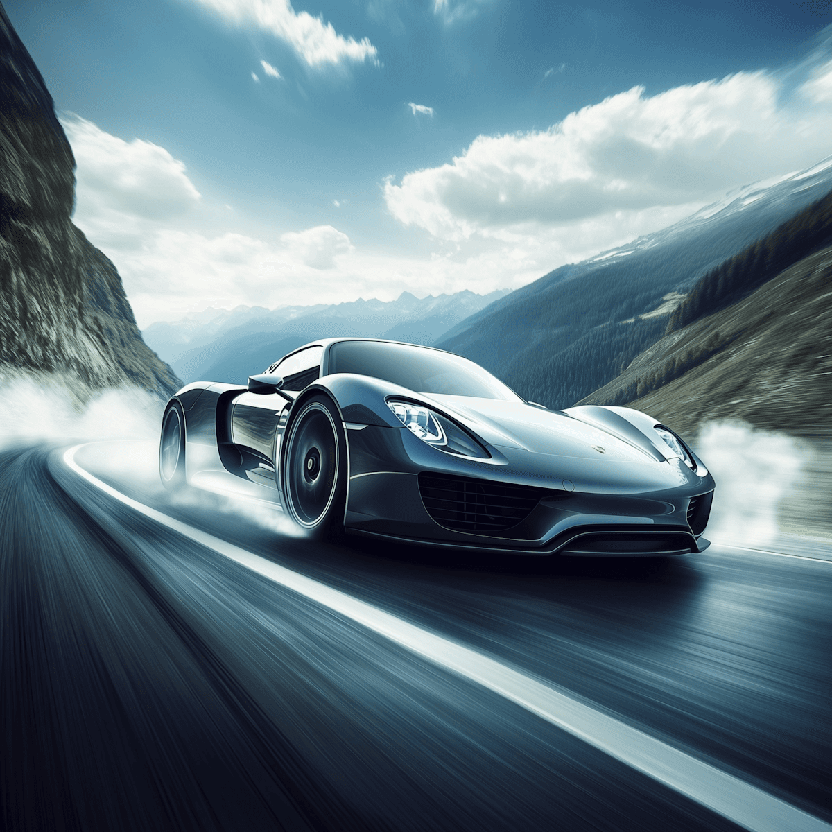 A sleek, black sports car speeds along a winding mountain road, creating motion blur and tire smoke. The scene is dynamic and exhilarating.