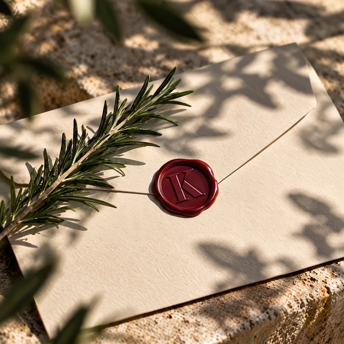 Oatmeal envelope closed with a cherry wax seal stamped with Kosmi's K.
