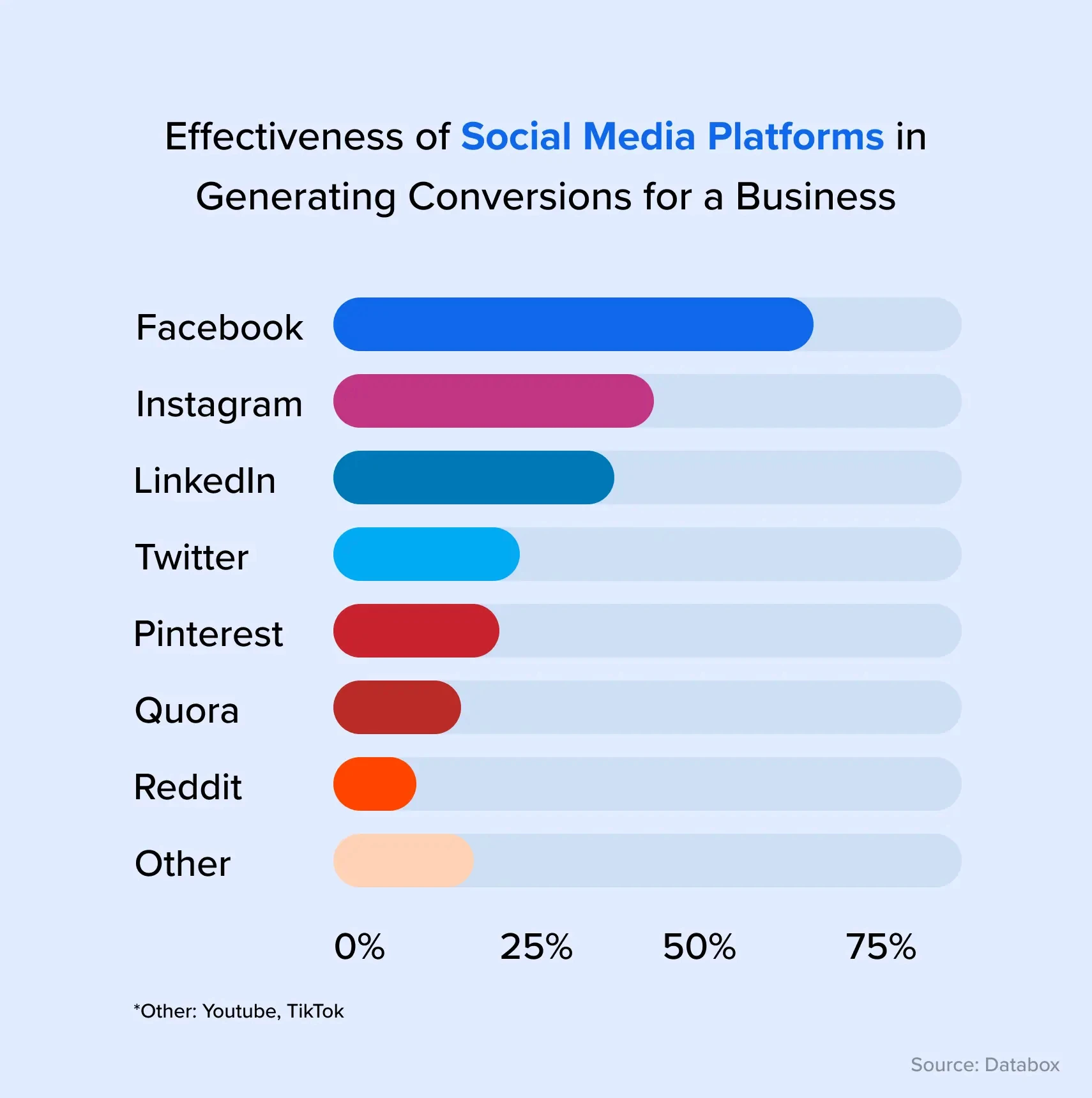 Horizontal bar chart on a pale blue background titled Effectiveness of Social Media Platforms in Generating Conversions for a Business, sourced to Databox. Facebook has the longest bar at roughly 65 percent, followed by Instagram at about 40 percent and LinkedIn at about 35 percent. Twitter, Pinterest, Quora, and Reddit follow with progressively shorter bars, and an Other category footnoted as YouTube and TikTok sits last. The x-axis runs from 0 to 75 percent. The chart shows how widely conversion effectiveness varies between paid social platforms.