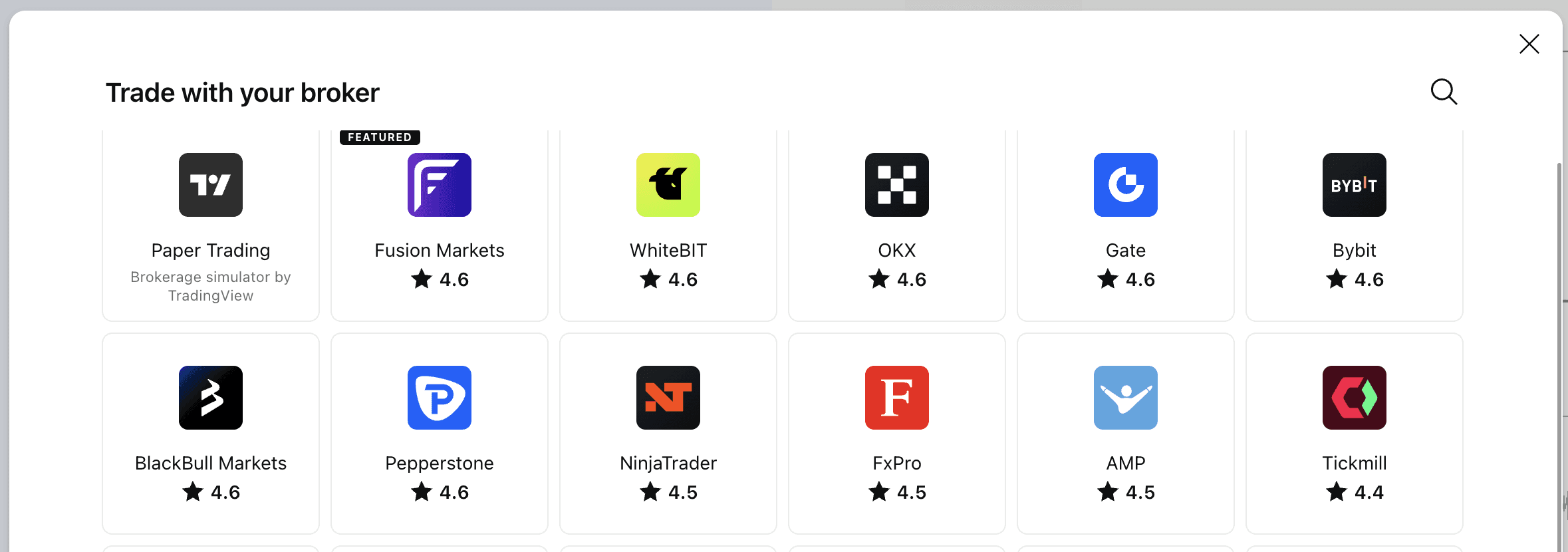 TradingView's Trade with your broker panel, with Paper Trading listed first among the available brokers.
