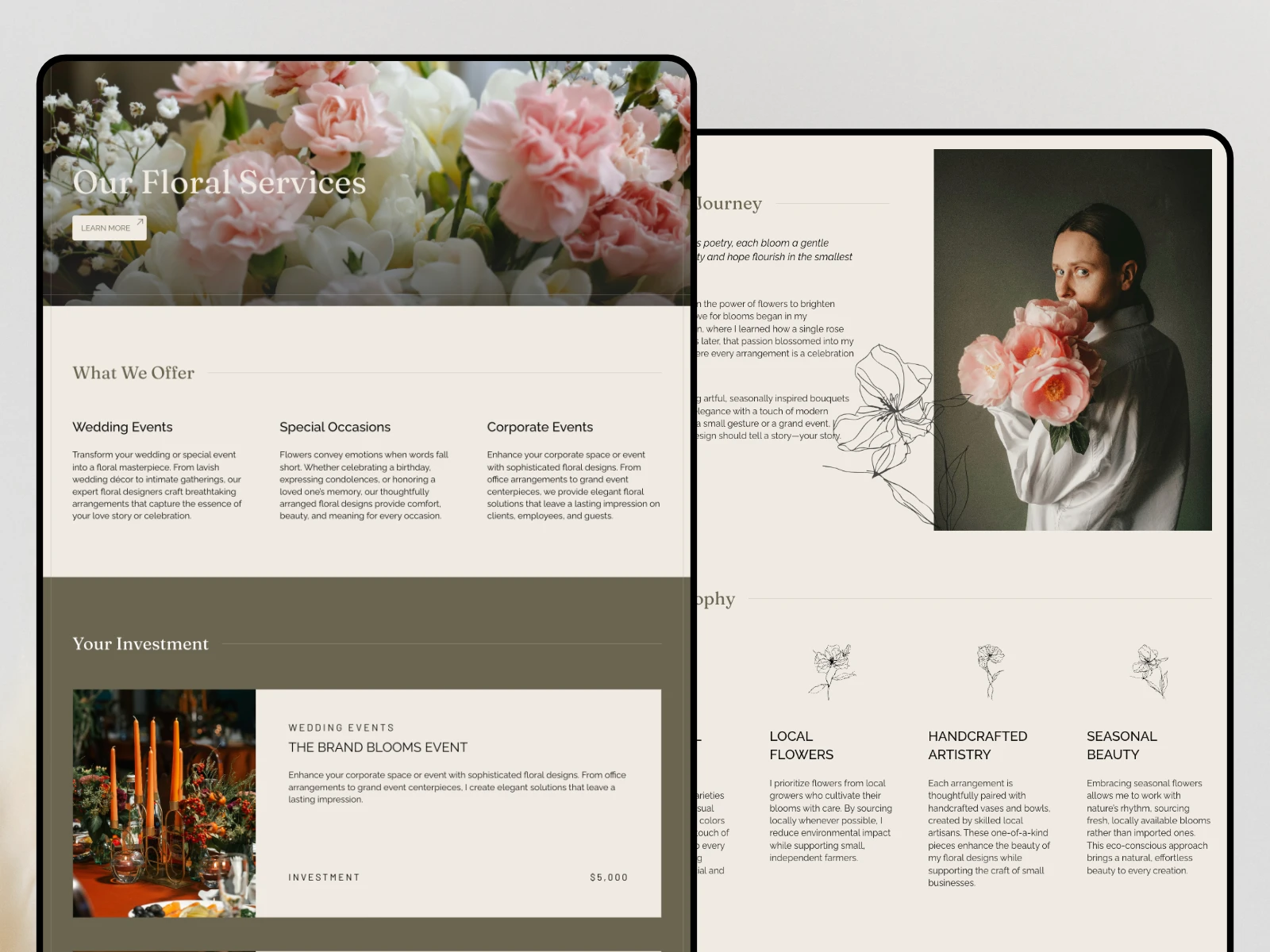 Floraly is a Framer portfolio website template for photographers, flower designers, florists and creative businesses.