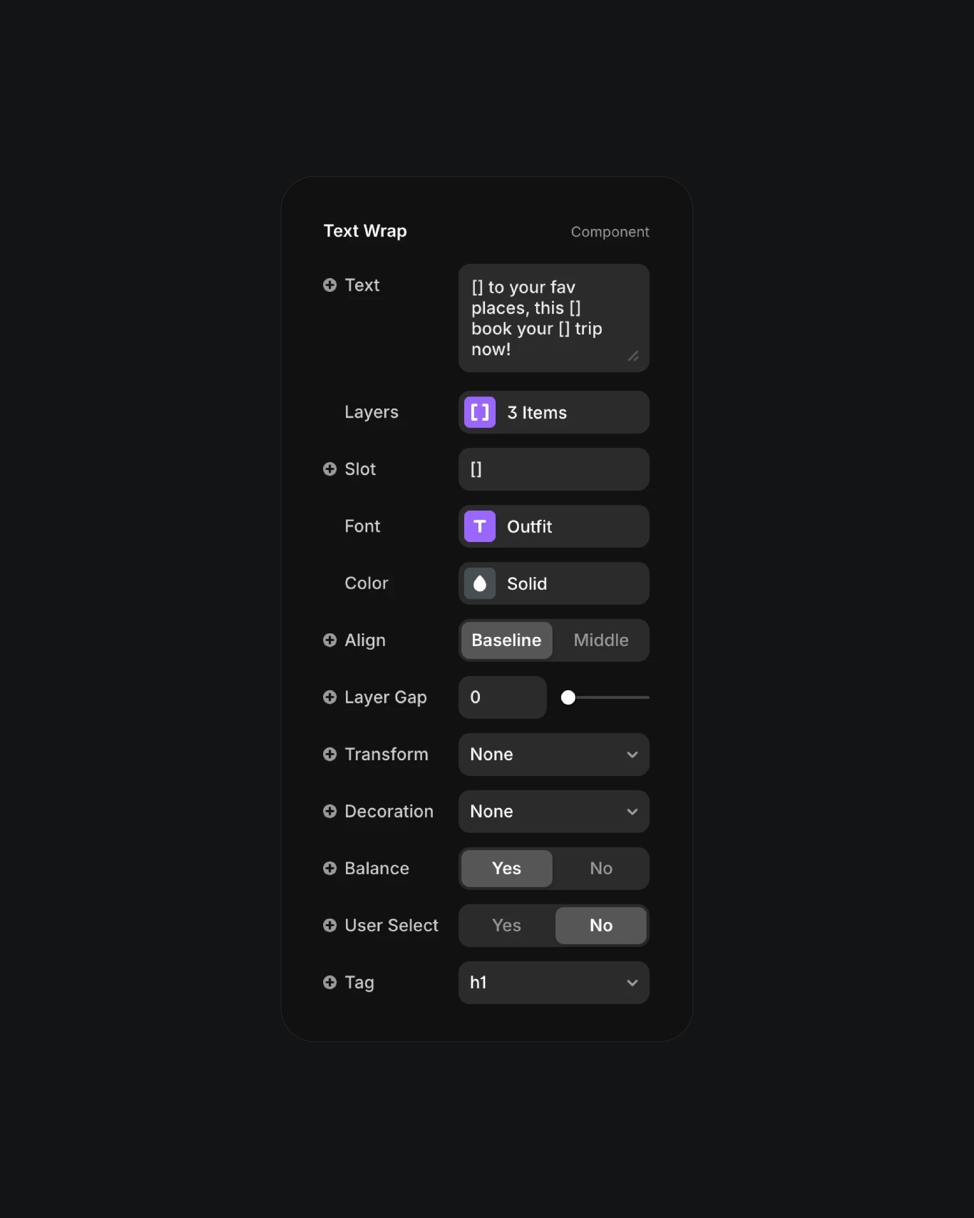 Dark interface display of a Text Wrap component with adjustable settings for text, layers, font, color, alignment, and other formatting options