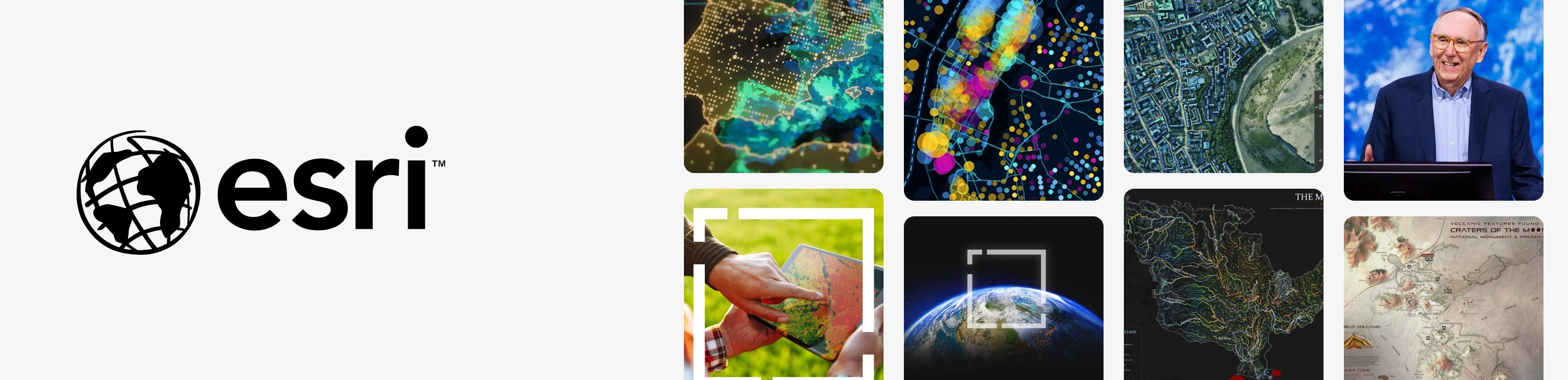 Esri logo surrounded by ArcGIS heat maps, dot density analysis, aerial imagery and field mapping on a tablet