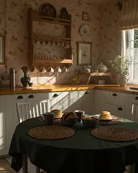 Cozy vintage kitchen with dark cabinetry, floral wallpaper, dining table, and natural window light