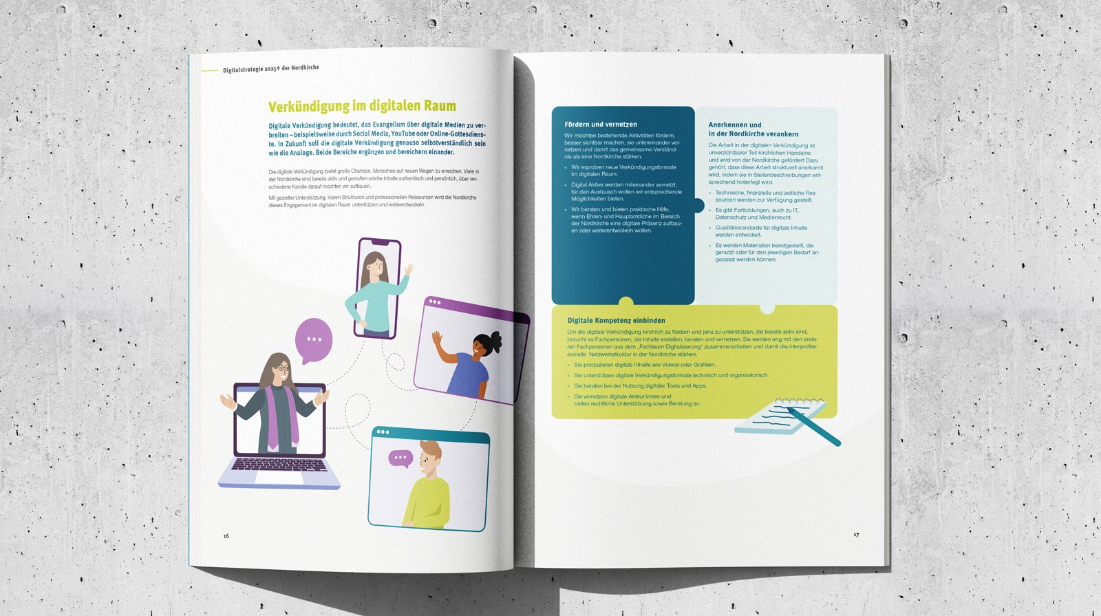 Aufgeschlagene Broschüre „Digitalstrategie 2025+ Kompakt“ für die Evangelisch-Lutherische Nordkirche, gestaltet von Storch Designstudio. Die Doppelseite zeigt das Thema „Verkündigung im digitalen Raum“ mit ansprechendem Layout und illustrativer Darstellung, auf grauem Untergrund.