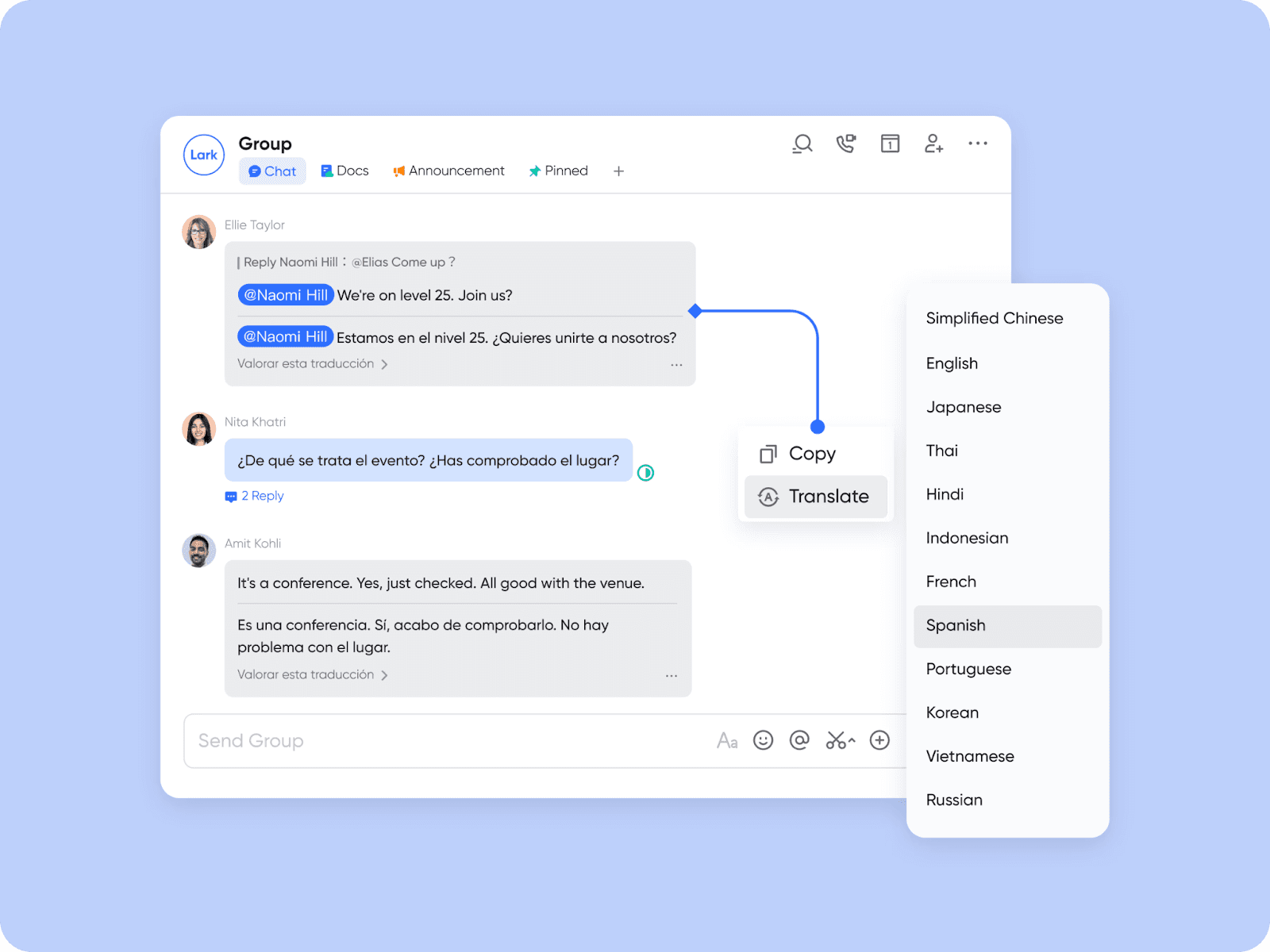 Translating a message in Lark