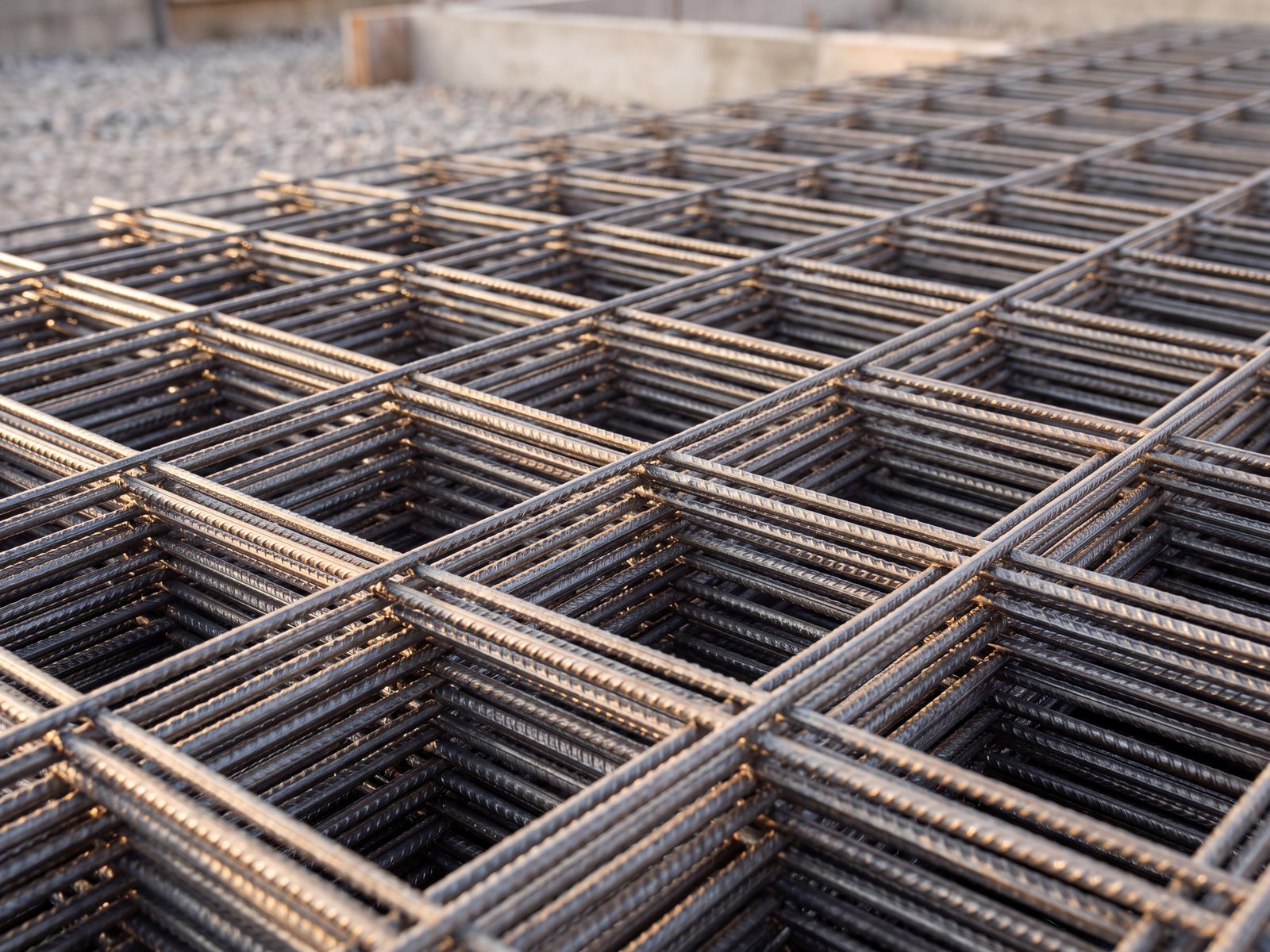 Stacked sheets of steel reinforcement mesh ready for delivery