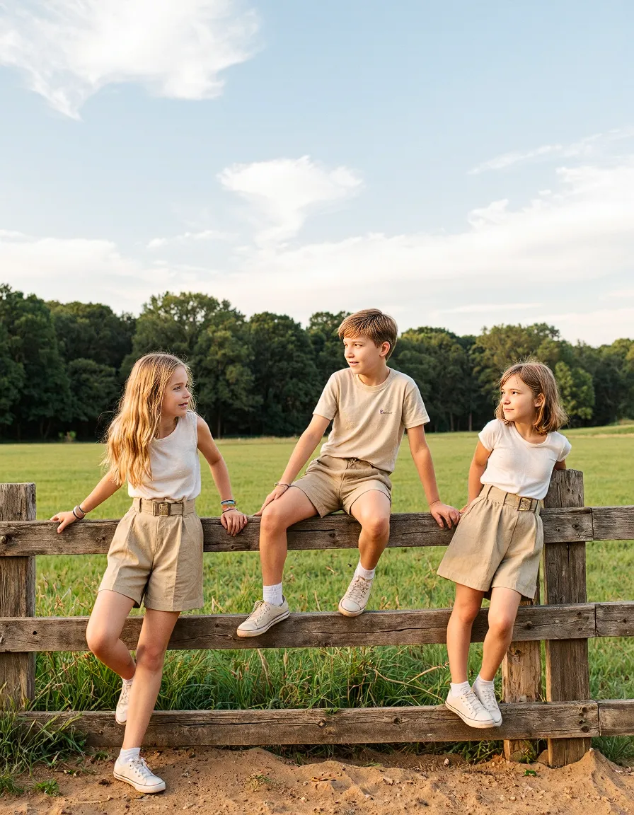 Three children in coordinating neutral outfits sitting on a rustic wooden fence with a green meadow and forest backdrop under blue sky