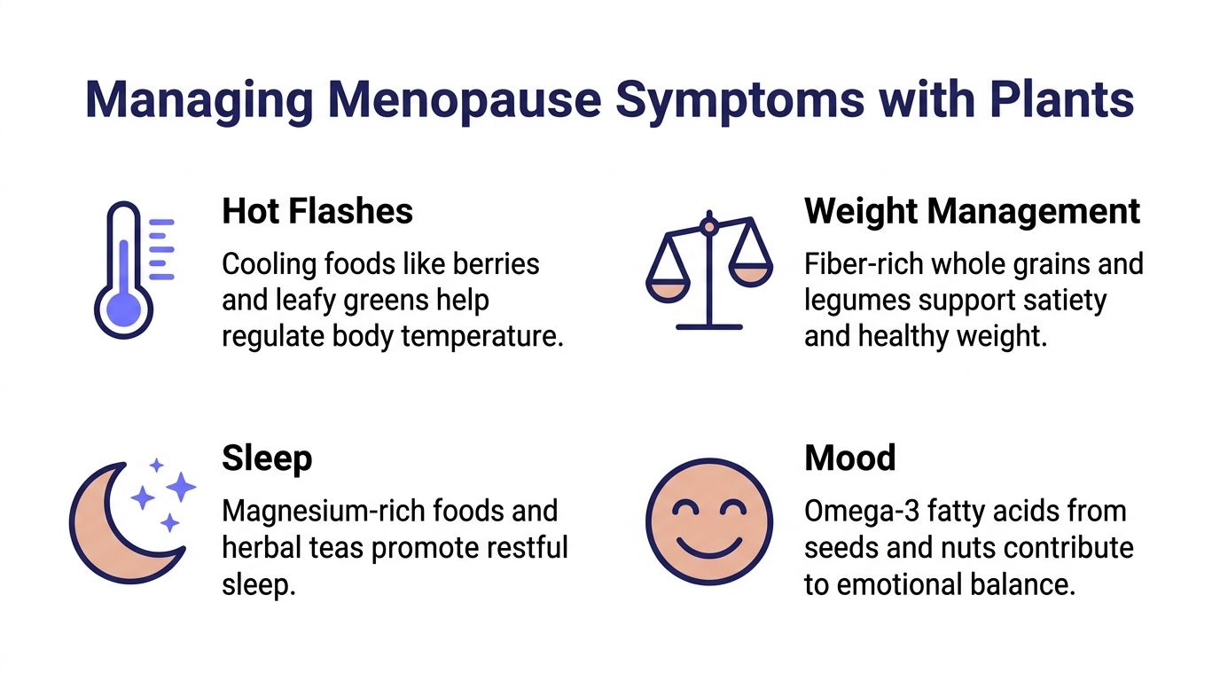 A graphic illustration detailing plant-based foods that help manage common menopause symptoms like hot flashes and sleep.