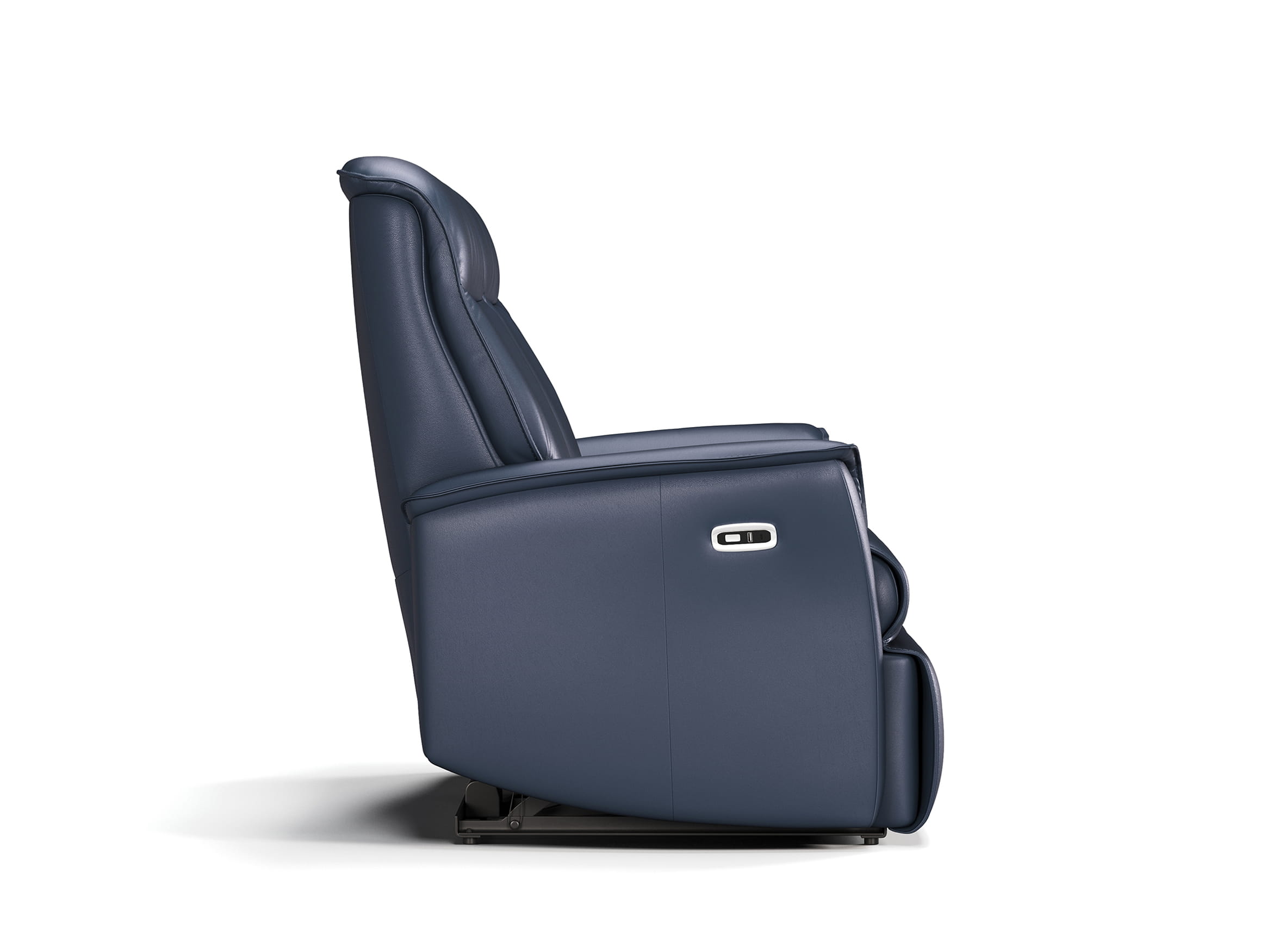 Side view 3D render of reclining sofa showing mechanism and armrest design