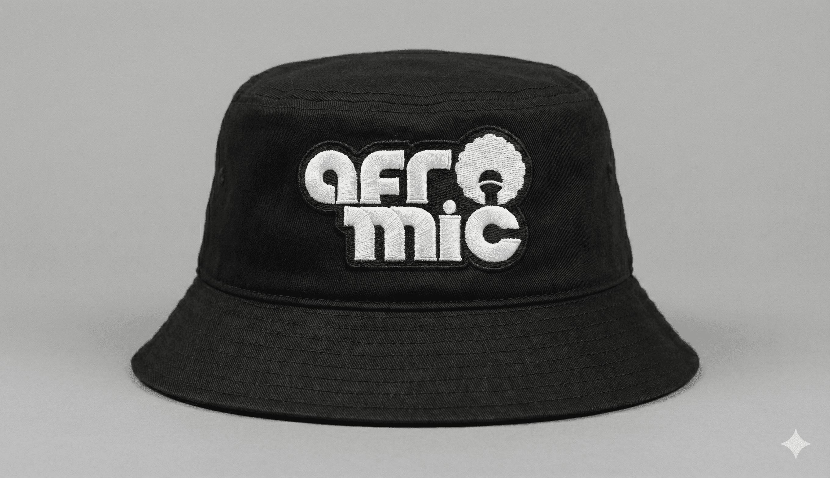 The Afromic logo embroidered on a black bucket hat.