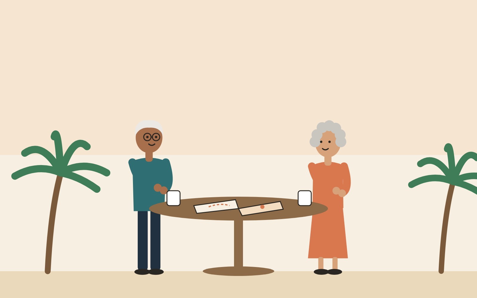 Illustration: an older couple talking over coffee and a map at a table