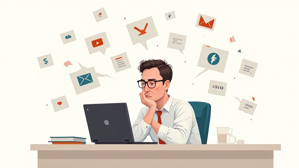 A man at a desk looks overwhelmed by numerous digital notifications and tasks on his laptop.