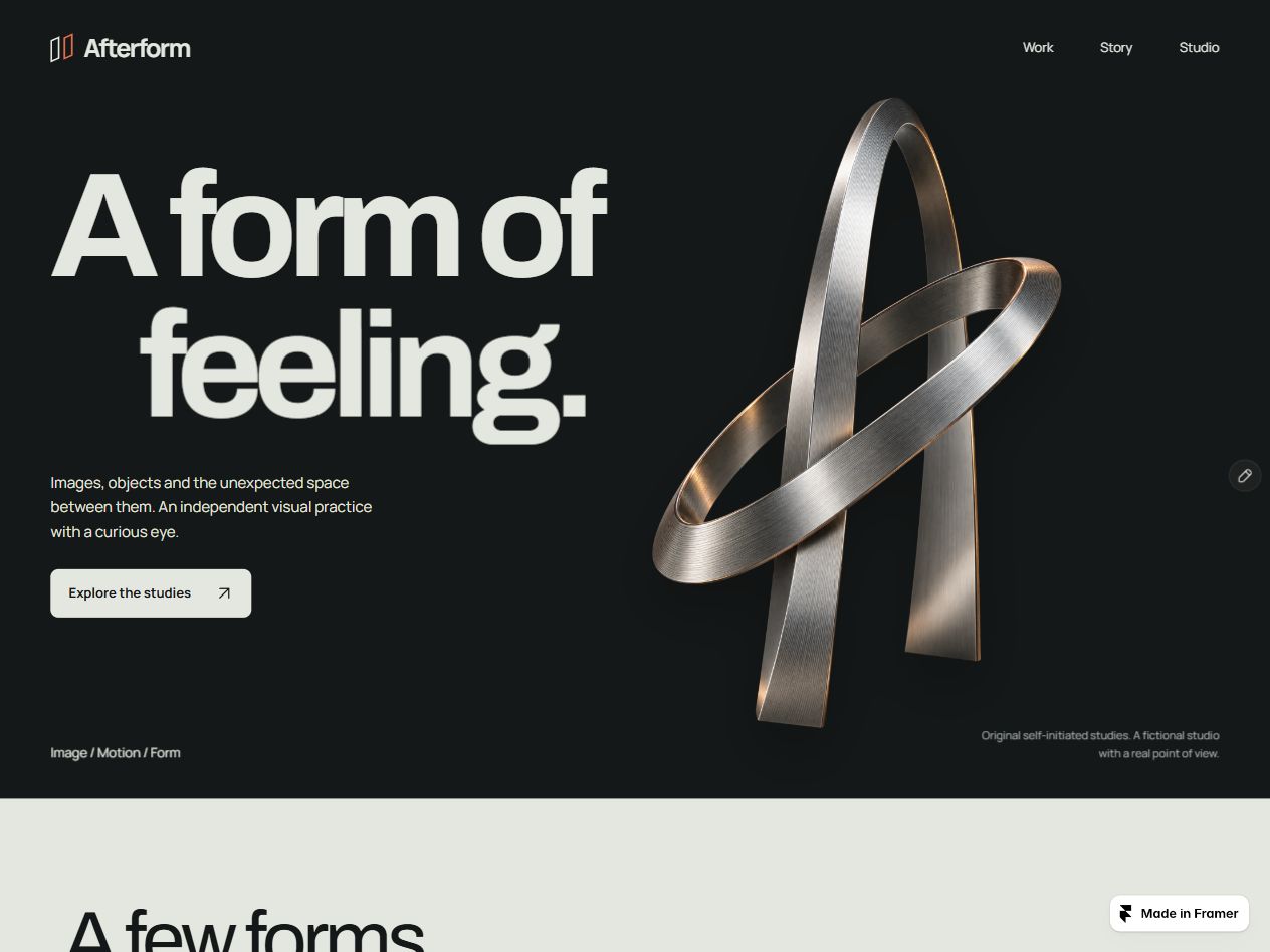 Afterform Studio portfolio with a layered silver form, large editorial typography, a charcoal opening and a light selected-work section.