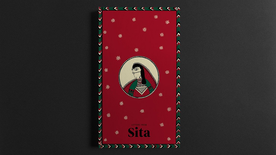 A red book cover with a dark border and a circular design in the center. The circle contains a stylized image of a woman with long dark hair, wearing a dark top and a light-colored scarf or shawl. Small white snowflake shapes are scattered across the red background. The title "LETTERS FROM Sita" is printed in black text at the bottom. The cover is set against a dark gray background.