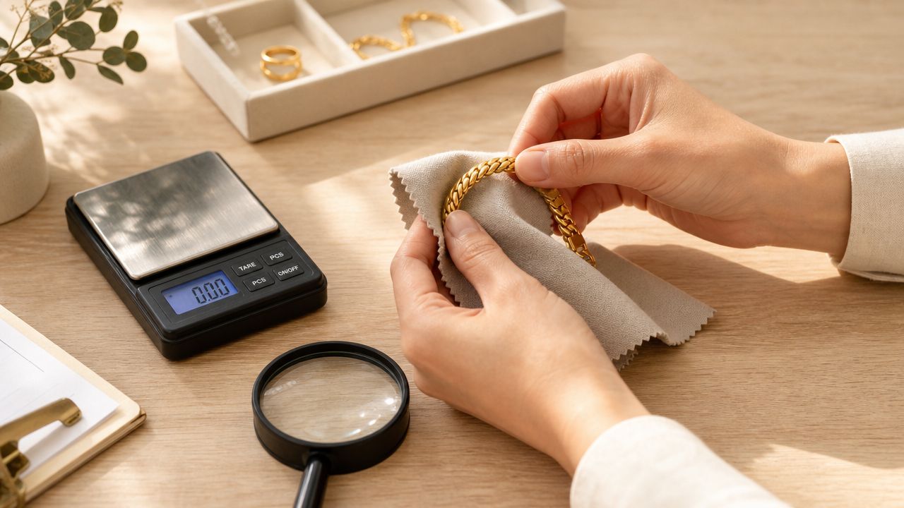 A jeweler cleaning a gold chain with a polishing cloth while preparing to weigh it on a scale.