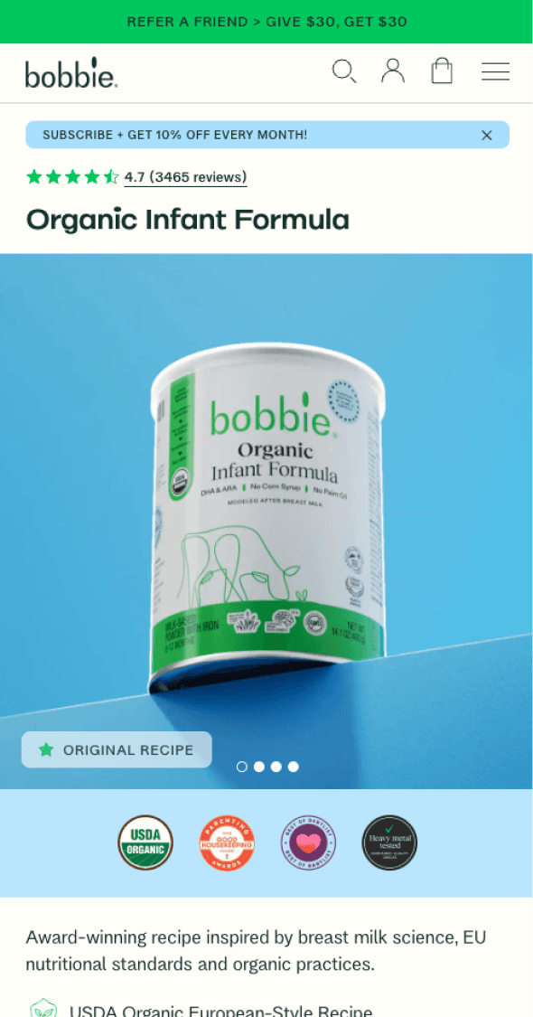Mobile product page highlighting organic infant formula and trust badges