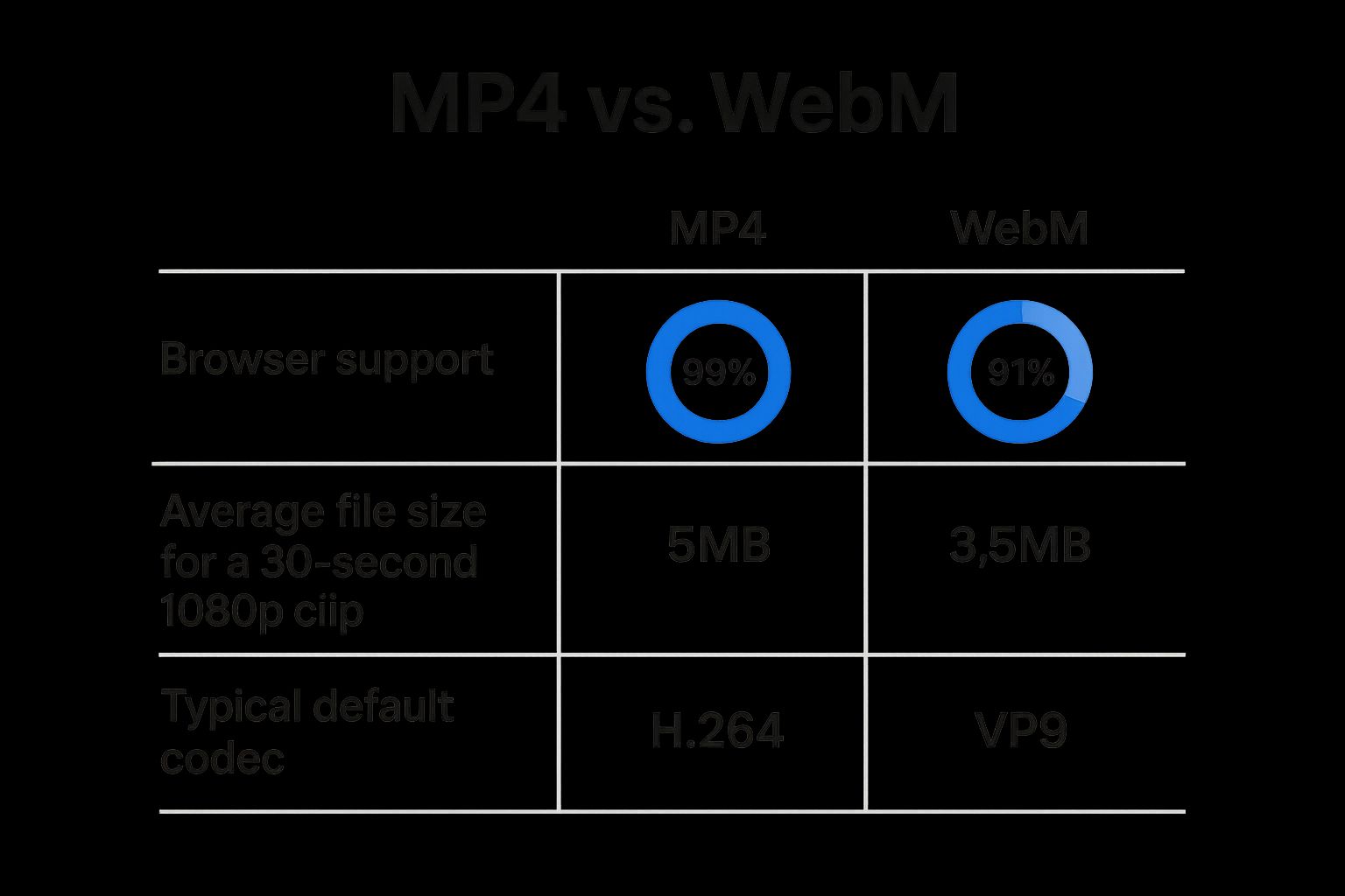 An infographic comparing MP4 and WebM on browser support, average file size, and typical default codec.
