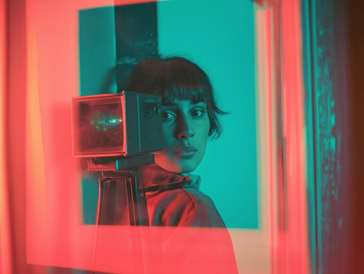 A woman stands beside an old projector, gazing at the camera. The scene is lit with teal and red hues, creating a mysterious and artistic atmosphere.