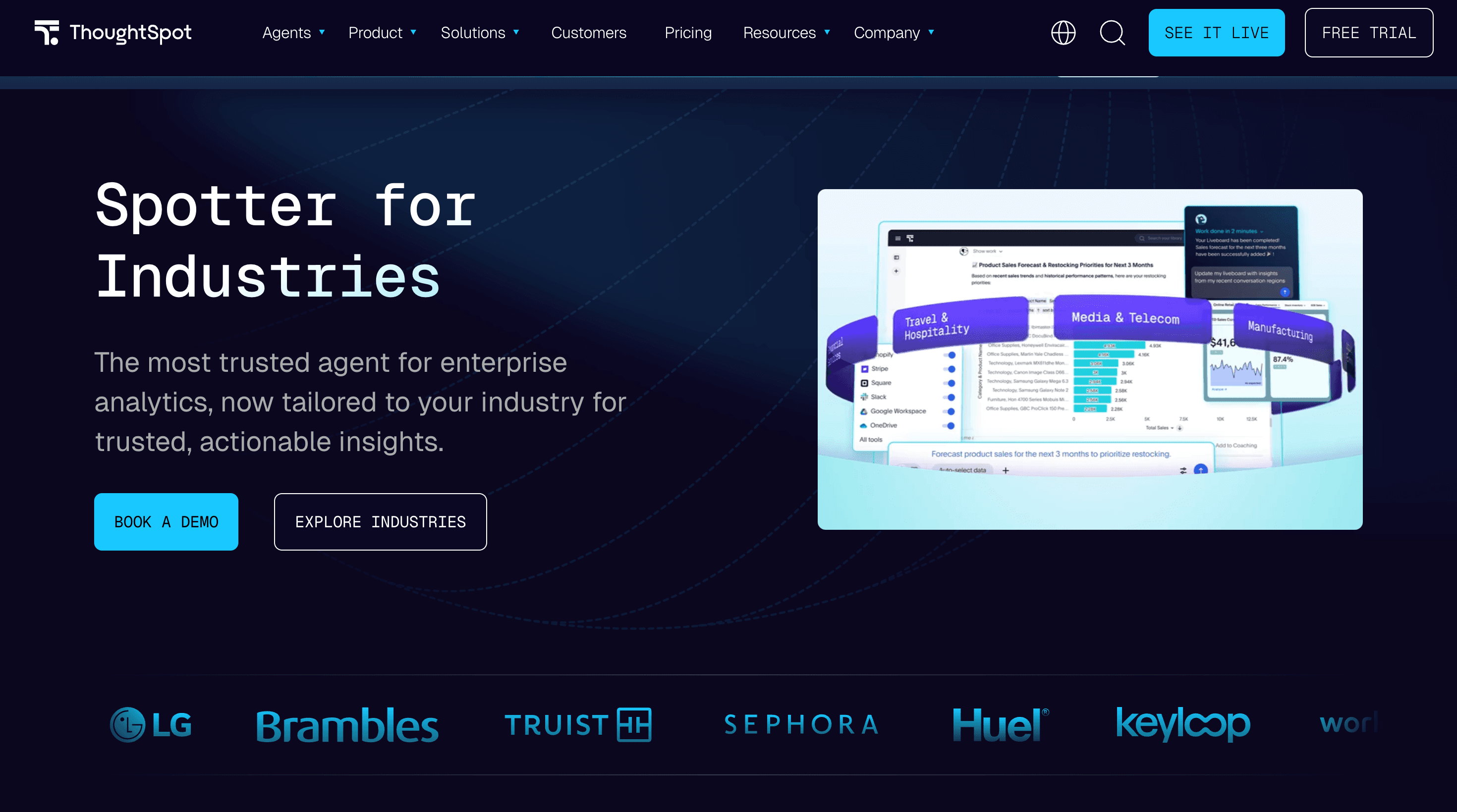ThoughtSpot enterprise analytics platform showcasing industry solutions and AI-driven data insights dashboard.