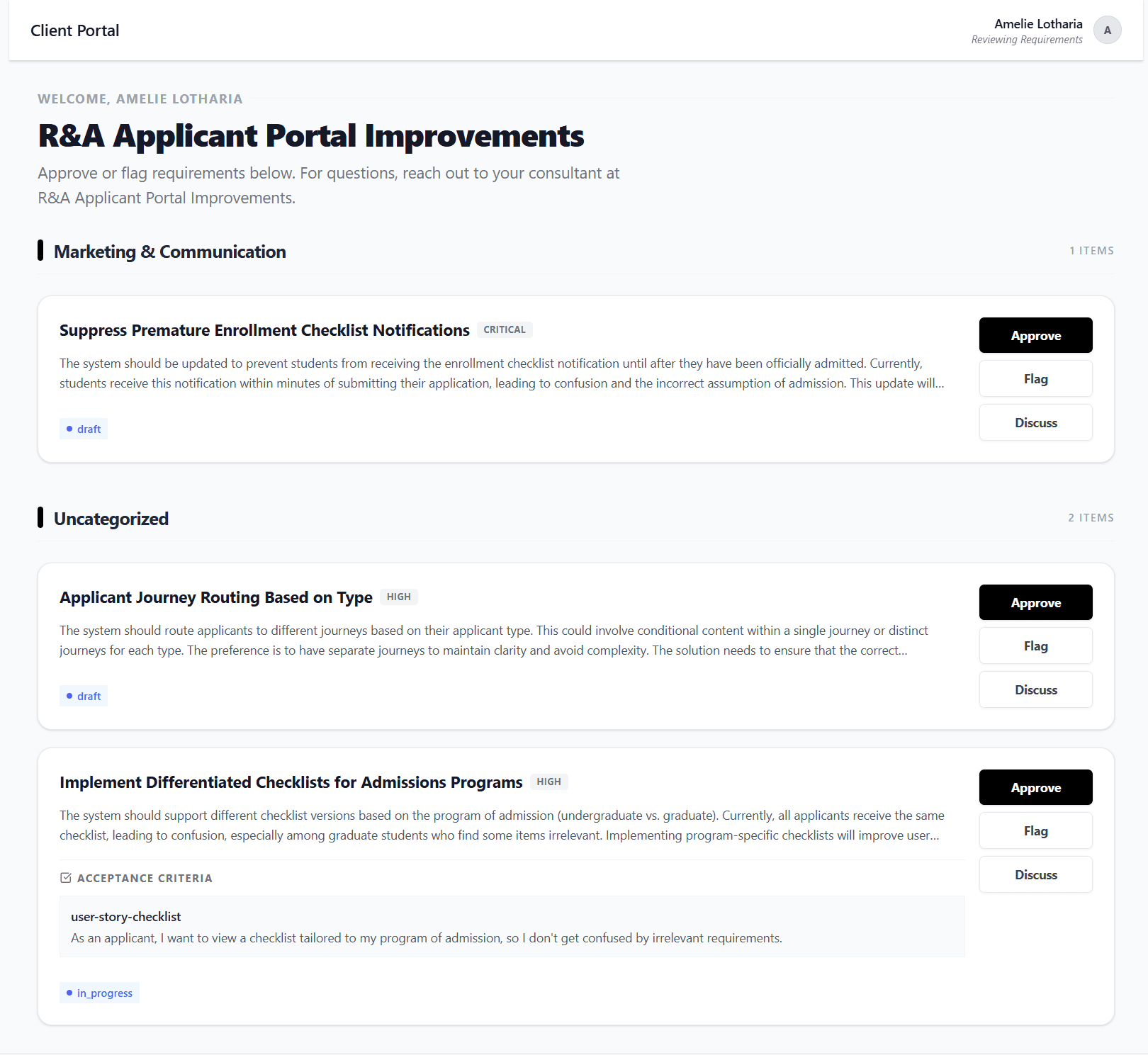 List of requirements with options to Approve, Flag, or Discuss on each