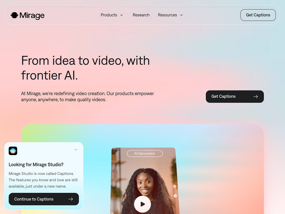 Website banner for Mirage, featuring AI video creation.